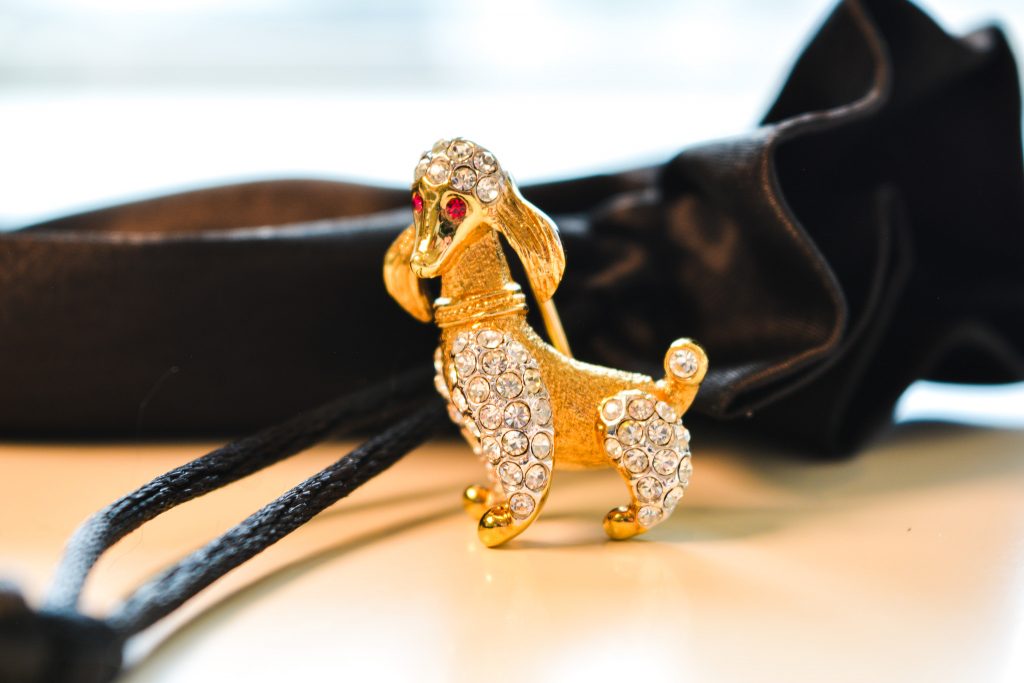 Small gold tone poodle dog brooch with rhinestones.